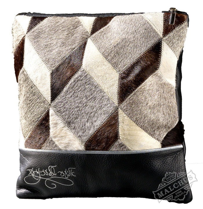 Black leather and box fur tallis and tefillin bag, design #7010LF-12 | Judaica Square Lakewood