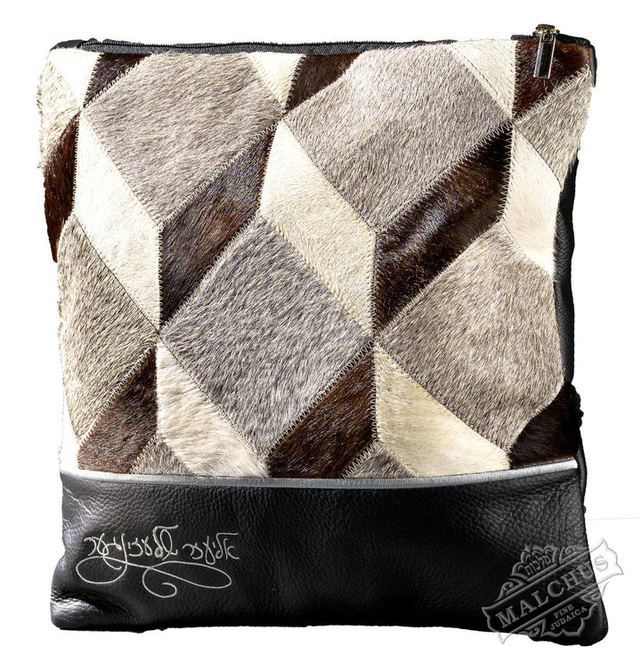 Black leather and box fur tallis and tefillin bag, design #7010LF-12 | Judaica Square Lakewood