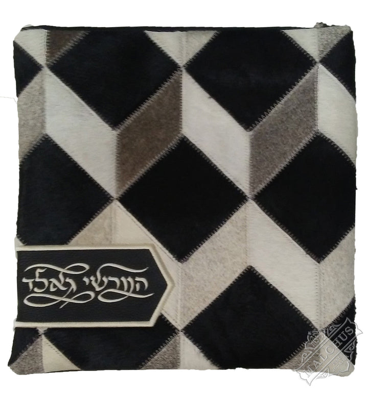 Geometric box fur and black leather tallis and tefillin bag #7025LF-12 | Judaica Square Lakewood
