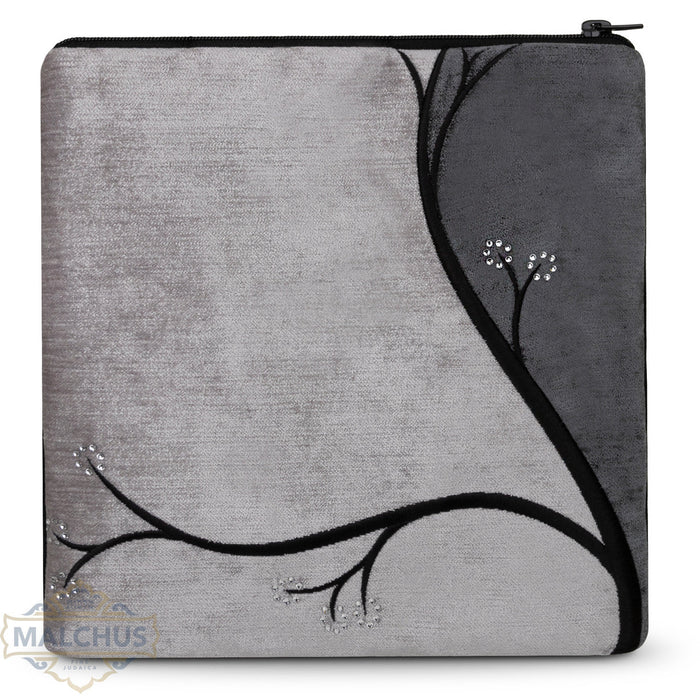 Grey velvet tallis and tefillin bag with black embroidery, design #990 | Judaica Square Lakewood