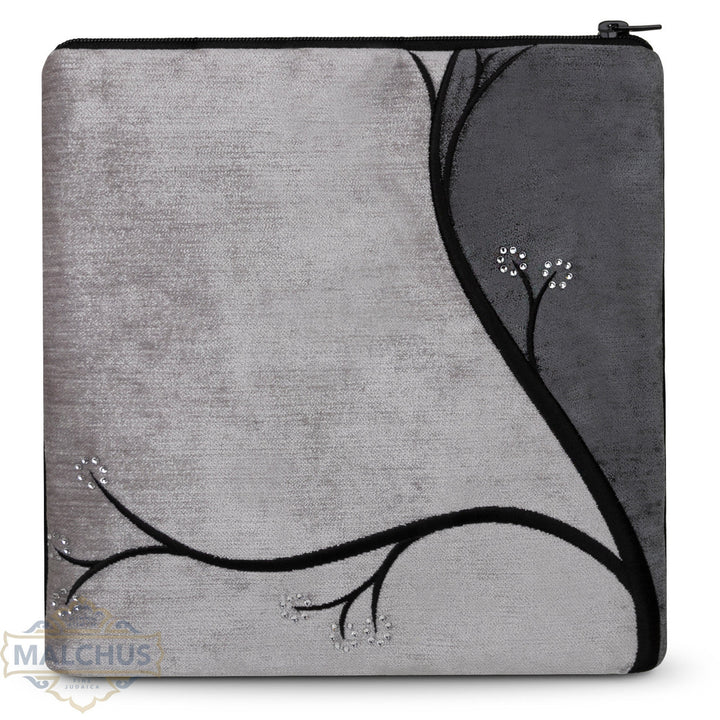 Grey velvet tallis and tefillin bag with black embroidery, design #990 | Judaica Square Lakewood