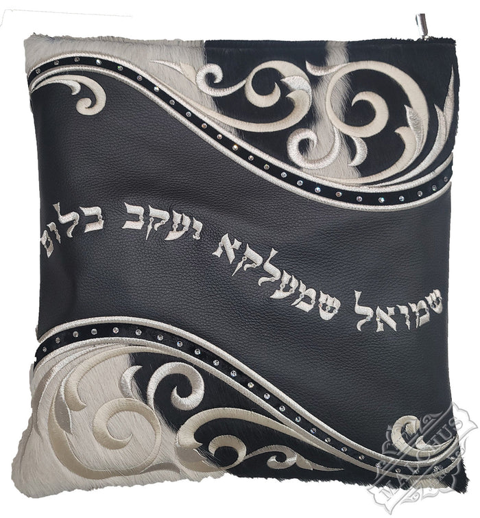 Black leather tallis and tefillin bag with black and white fur, design 2014 | Judaica Square Lakewood