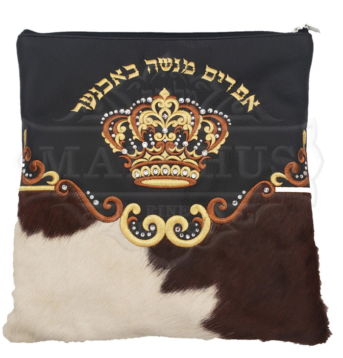 Black leather tallis and tefillin bag with fur or velvet, design #4010 | Judaica Square Lakewood