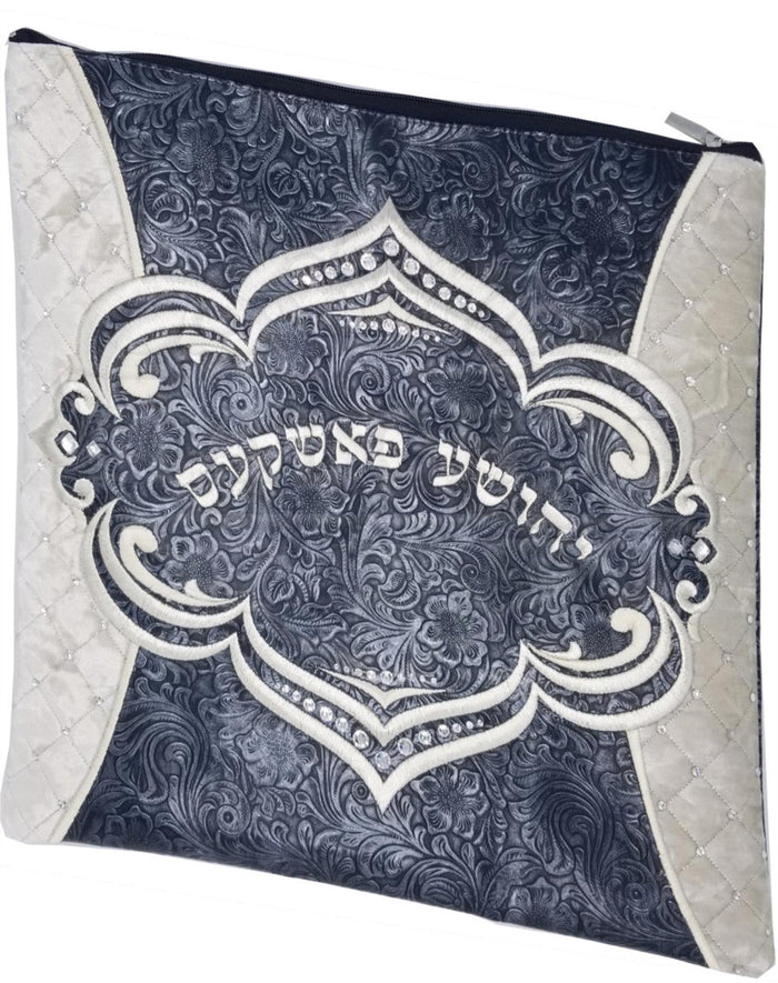 Floral leather tallis and tefillin bag with velvet and fur, design #3019 | Judaica Square Lakewood