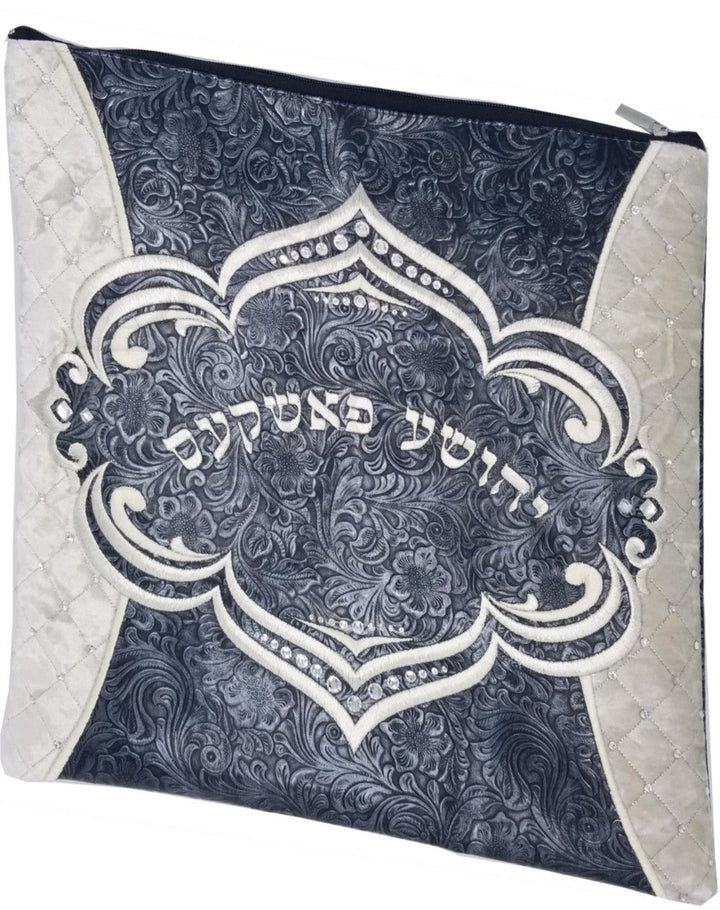 Floral leather tallis and tefillin bag with velvet and fur, design #3019 | Judaica Square Lakewood