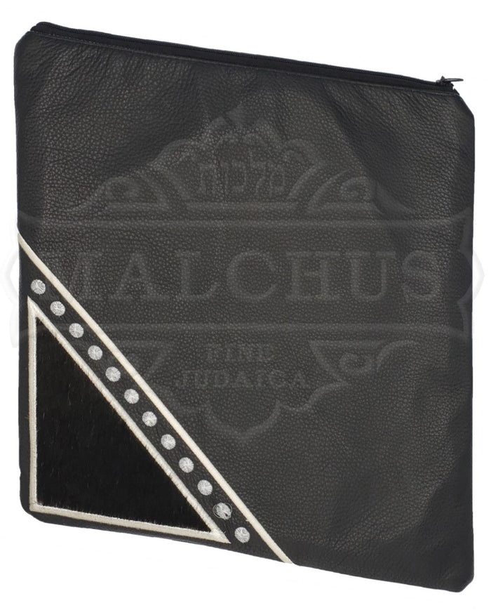 Grey leather tallis bag with blue fur trim design 1019 | Judaica Square Lakewood