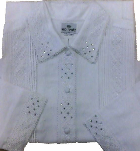 Pleated kittel with lace and crystal detail | Judaica Square Lakewood