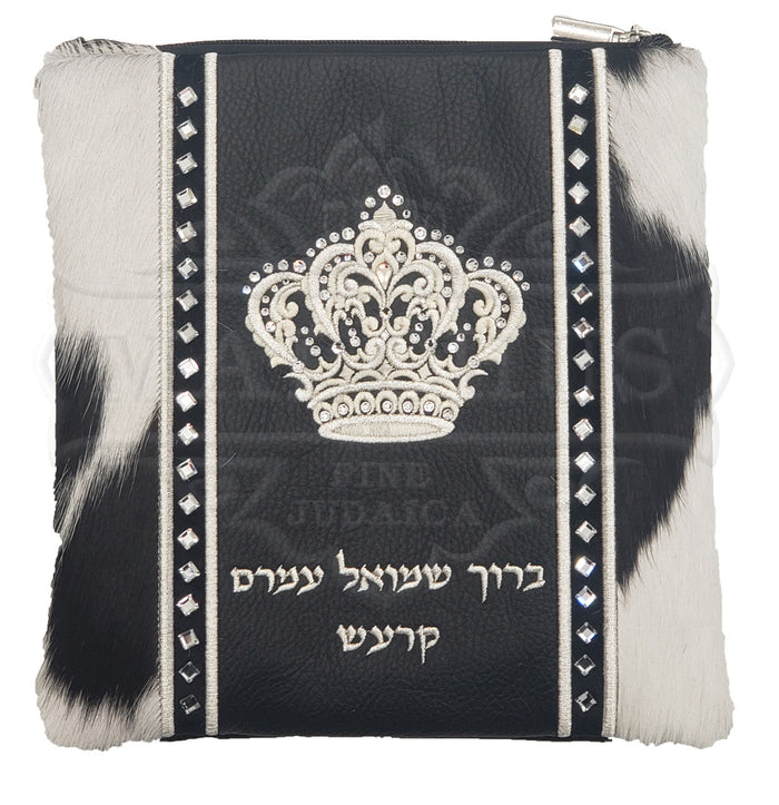 Black leather tallis and tefillin bag with velvet panels, design #4013 | Judaica Square Lakewood