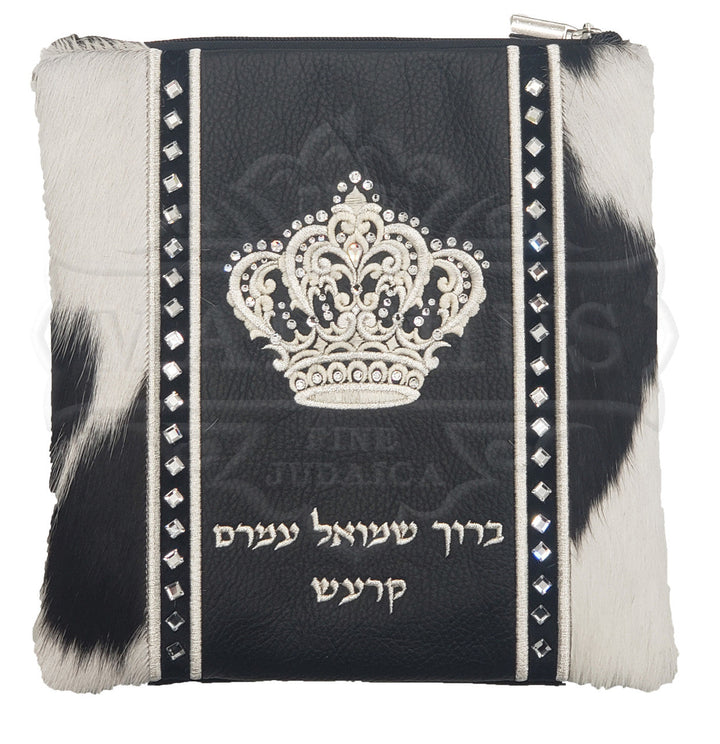 Black leather tallis and tefillin bag with velvet panels, design #4013 | Judaica Square Lakewood