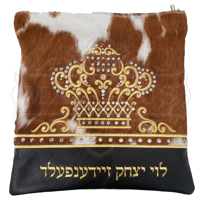 Black leather tallis and tefillin bag with two-tone fur options, design #4019 | Judaica Square Lakewood