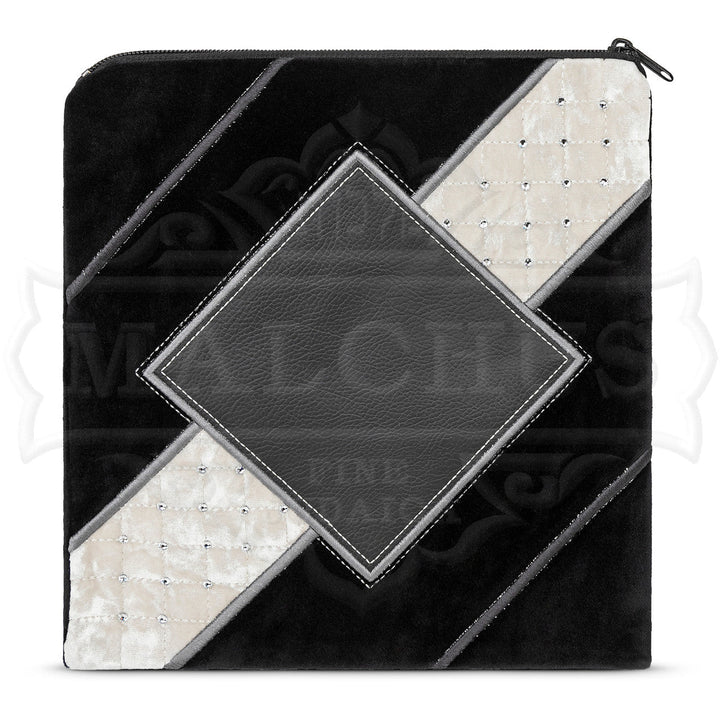 Black velvet white velvet and leather panelled tallis bag design 633 | Judaica Square Lakewood