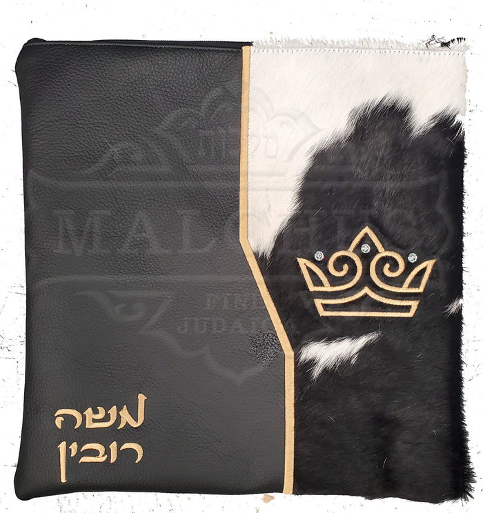 Black leather tallis bag with speckled fur trim #1250 | Judaica Square Lakewood