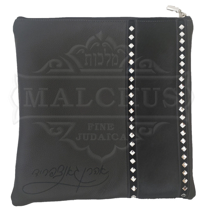 Black leather tallis and tefillin bag with grey fur, design #5017 | Judaica Square Lakewood