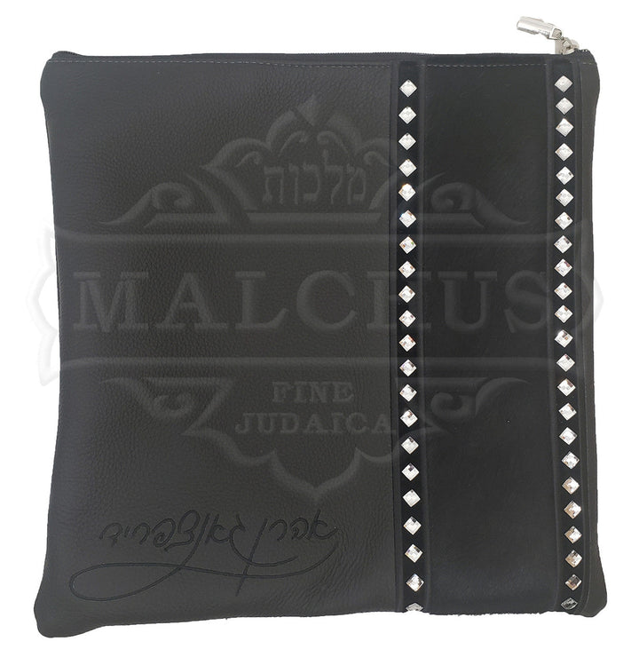 Black leather tallis and tefillin bag with grey fur, design #5017 | Judaica Square Lakewood