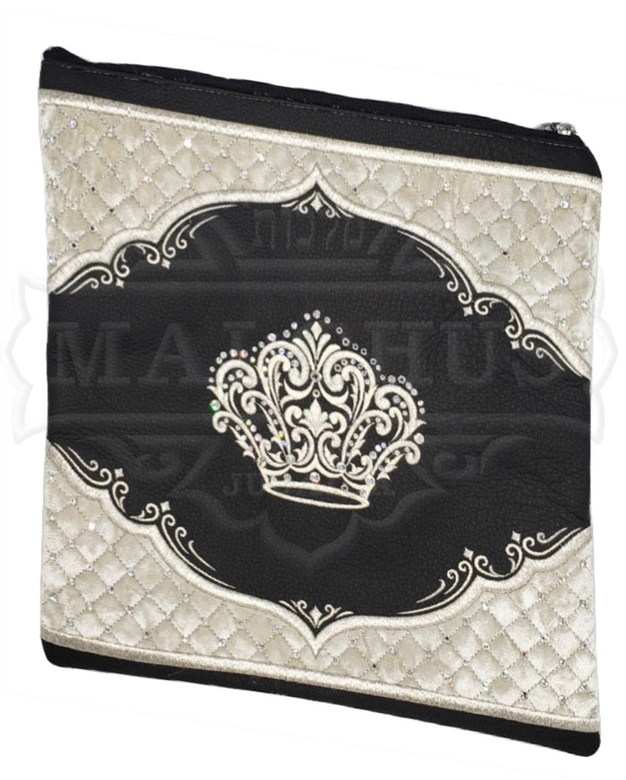 Black leather tallis and tefillin bag with velvet and fur options, design #3010 | Judaica Square Lakewood