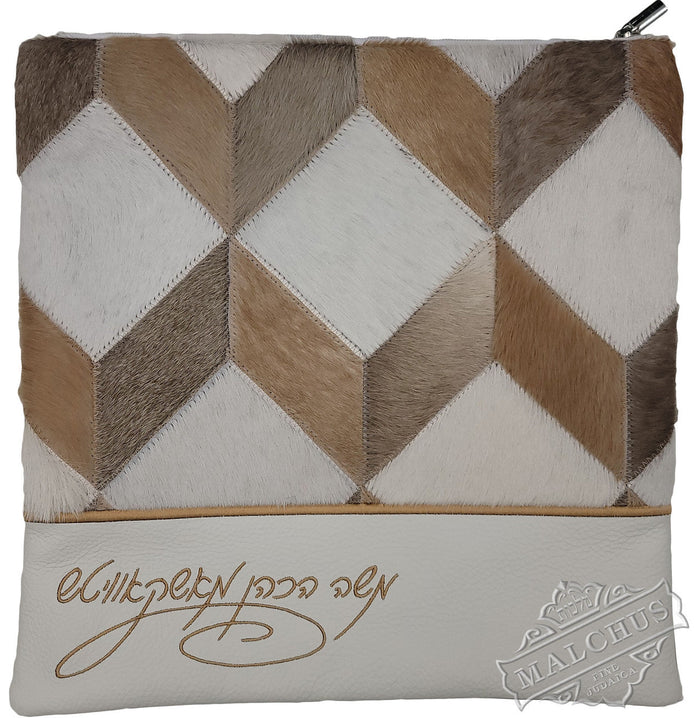 Black leather tallis and tefillin bag with 3D box fur, design #7010LF-53 | Judaica Square Lakewood