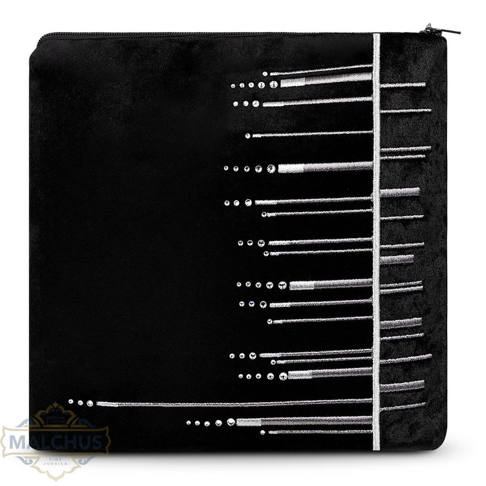 Silver thread embroidery on black velvet tallis bag design 800 | Judaica Square Lakewood