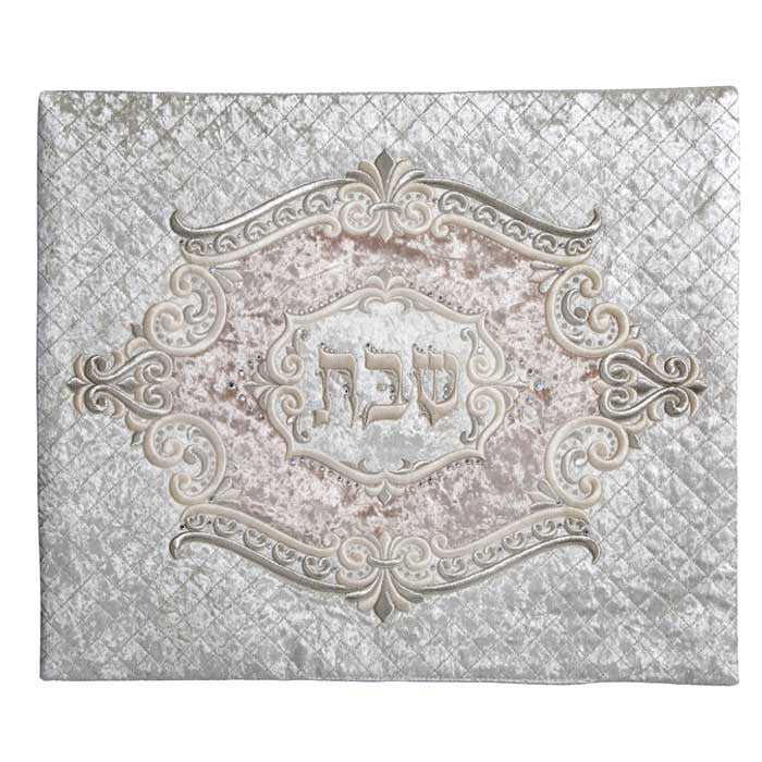 Medallion Inset White Crushed Velvet Challah Cover, No Stones #715
