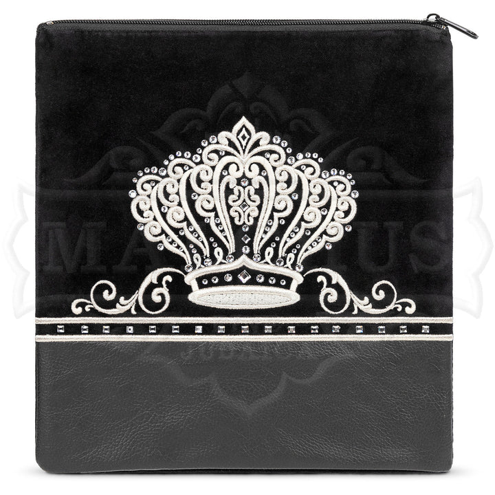 Upright black velvet and faux leather panel tallis bag design 595 | Judaica Square Lakewood