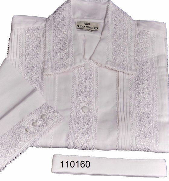 Pleated kittel with wide flower lace 110160 | Judaica Square Lakewood