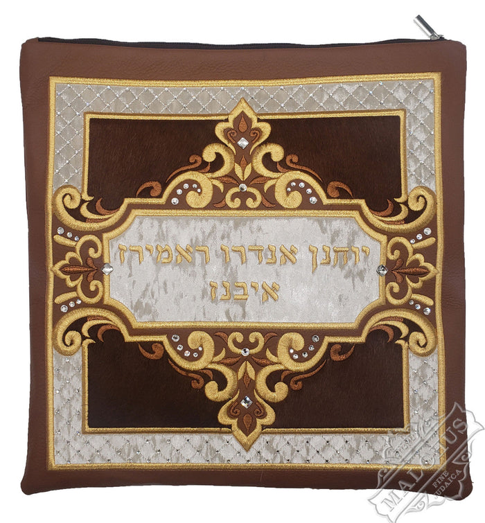 Grey floral leather tallis and tefillin bag with velvet, design #3020 | Judaica Square Lakewood