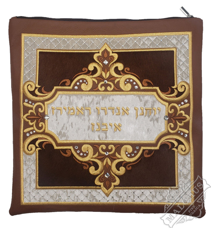 Grey floral leather tallis and tefillin bag with velvet, design #3020 | Judaica Square Lakewood