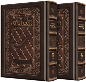 Two-tone Yerushalayim leather covering the two-volume Sefard interlinear machzor, 5.13 by 8.13 inches