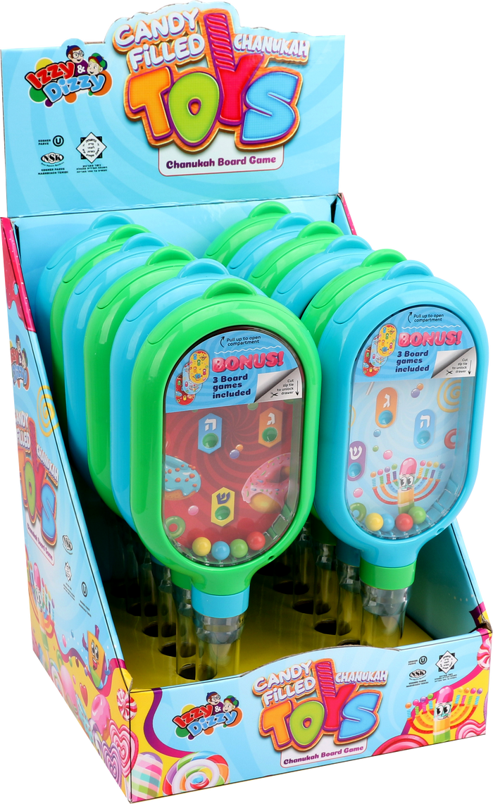 Retail display of blue and green Izzy & Dizzy candy-filled Chanukah board-game toys
