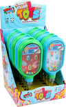 Retail display of blue and green Izzy & Dizzy candy-filled Chanukah board-game toys