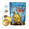 Blue Izzy & Dizzy Chanukah gelt bag with gold-foil chocolate coins pictured beside it