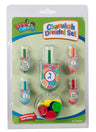 Packaged Izzy & Dizzy Chanukah set with five patterned dreidels and colorful play-money tokens