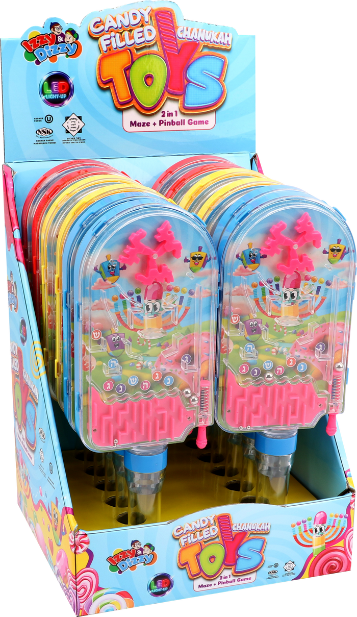 Retail display of Izzy & Dizzy LED 2-in-1 Chanukah maze and pinball candy toys
