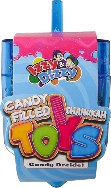 Blue Izzy & Dizzy medium candy-filled Chanukah dreidel container, front view