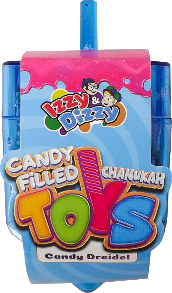 Blue Izzy & Dizzy medium candy-filled Chanukah dreidel container, front view
