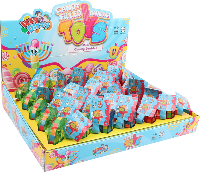 Retail display of multicolor Izzy & Dizzy mini candy-filled Chanukah dreidels