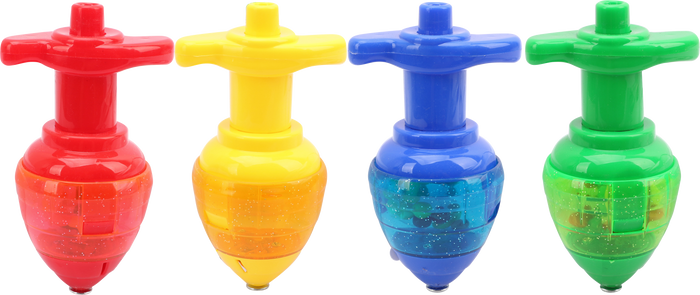 Red, yellow, blue, and green Izzy & Dizzy push-top candy-filled dreidels
