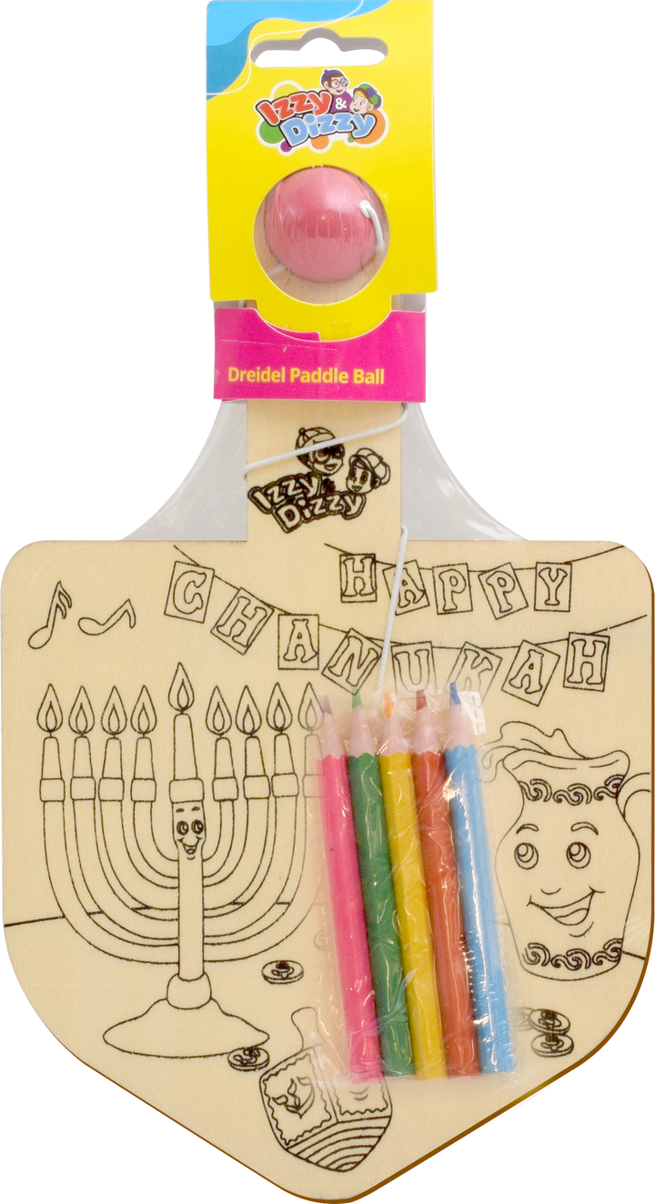 Izzy 'n' Dizzy wooden dreidel paddle toy with colored pencils and ball