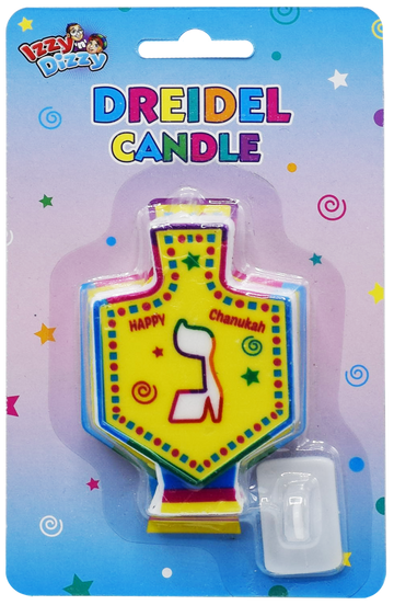 Izzy n Dizzy dreidel shaped candle with a gimmel and its clear plastic stand