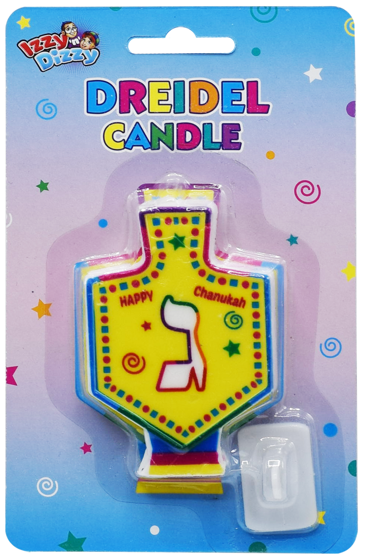 Izzy n Dizzy dreidel shaped candle with a gimmel and its clear plastic stand