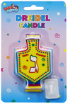 Izzy n Dizzy dreidel shaped candle with a gimmel and its clear plastic stand
