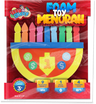 Izzy 'n' Dizzy foam toy menorah in its package, with colorful foam candles, a dreidel and coins