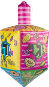 Multicolor inflatable dreidel printed with donuts and Hebrew letters