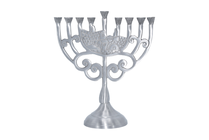 Aluminum Chanukah menorah with Jerusalem Old City skyline