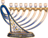 Jeweled David’s Harp Chanukah menorah with blue and gold details
