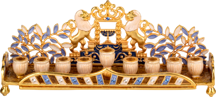 Gold-tone jeweled menorah with lions above a Jerusalem wall motif and blue stone leaves