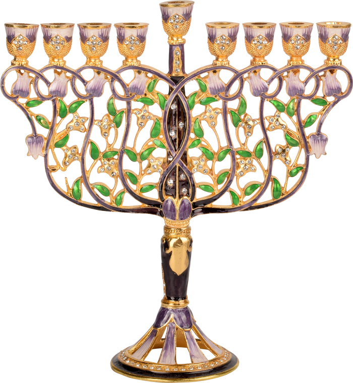 Jeweled Tree of Life Chanukah menorah with purple and green details