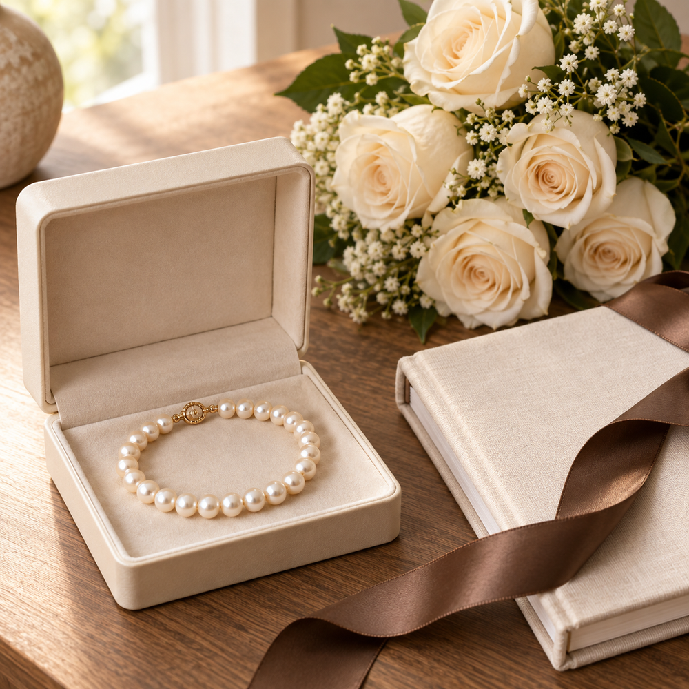 An anniversary gift still life: a single beautiful pearl bracelet in an open cream jewelry box, a small bouquet of ivory roses and a neatly closed pale linen keepsake album with blank cover, cocoa ribbon draped naturally