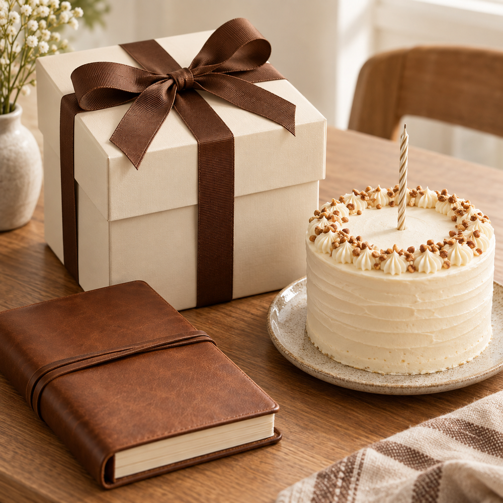 An adult birthday gift scene: tasteful cream gift box tied with cocoa brown grosgrain ribbon, a closed caramel leather journal and a small ivory frosted cake on a ceramic plate, one slender unlit birthday candle