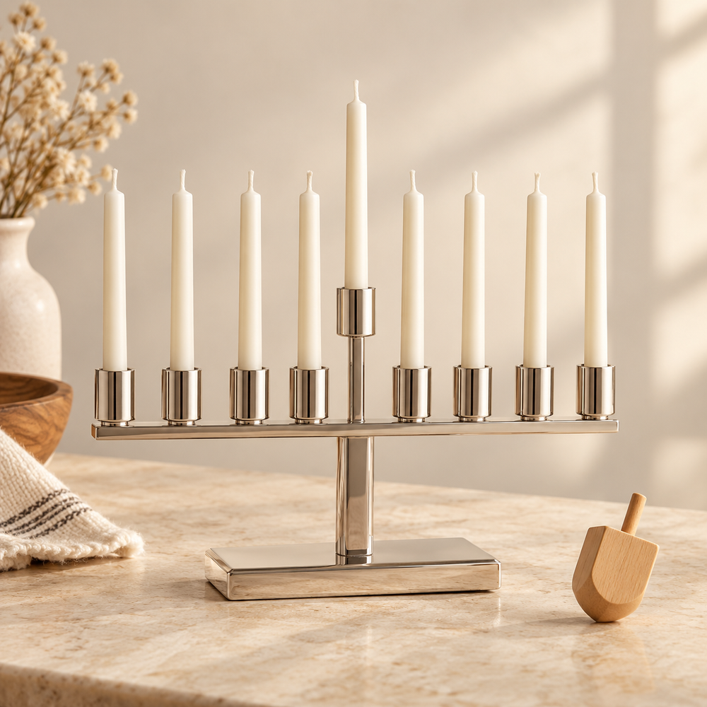 Chanukah still life with a geometrically accurate modern silver chanukiah: exactly eight identical candle cups arranged in one straight horizontal row at the same height, plus exactly one separate raised shamash cup centered behind that row, total nine cups and nine slim unlit ivory candles