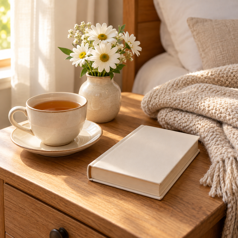 A gentle get-well gift scene: a warm cream ceramic tea cup on saucer, a closed small ivory prayer book with blank cover, folded soft oatmeal blanket, and a tiny vase of fresh white daisies